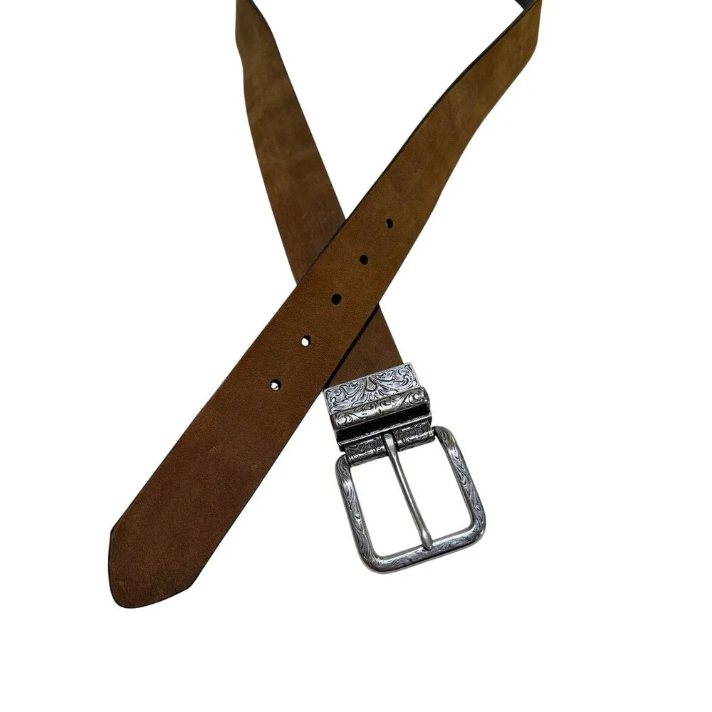 Reversible Western Belt Brown Black Engraved Swivel Buckle Size 40